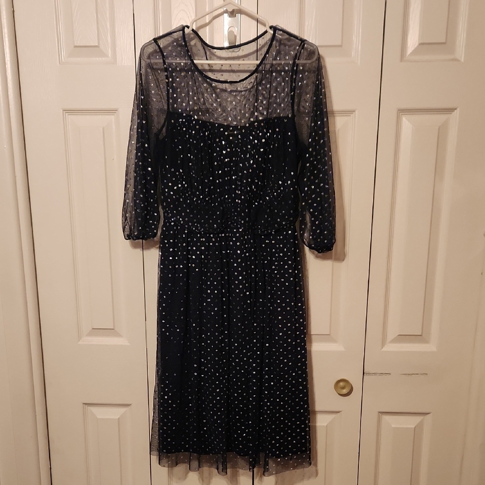 🎊4/$20 // CANDALITE: Navy Glitter Polka Dot Dress With Billow Sleeves